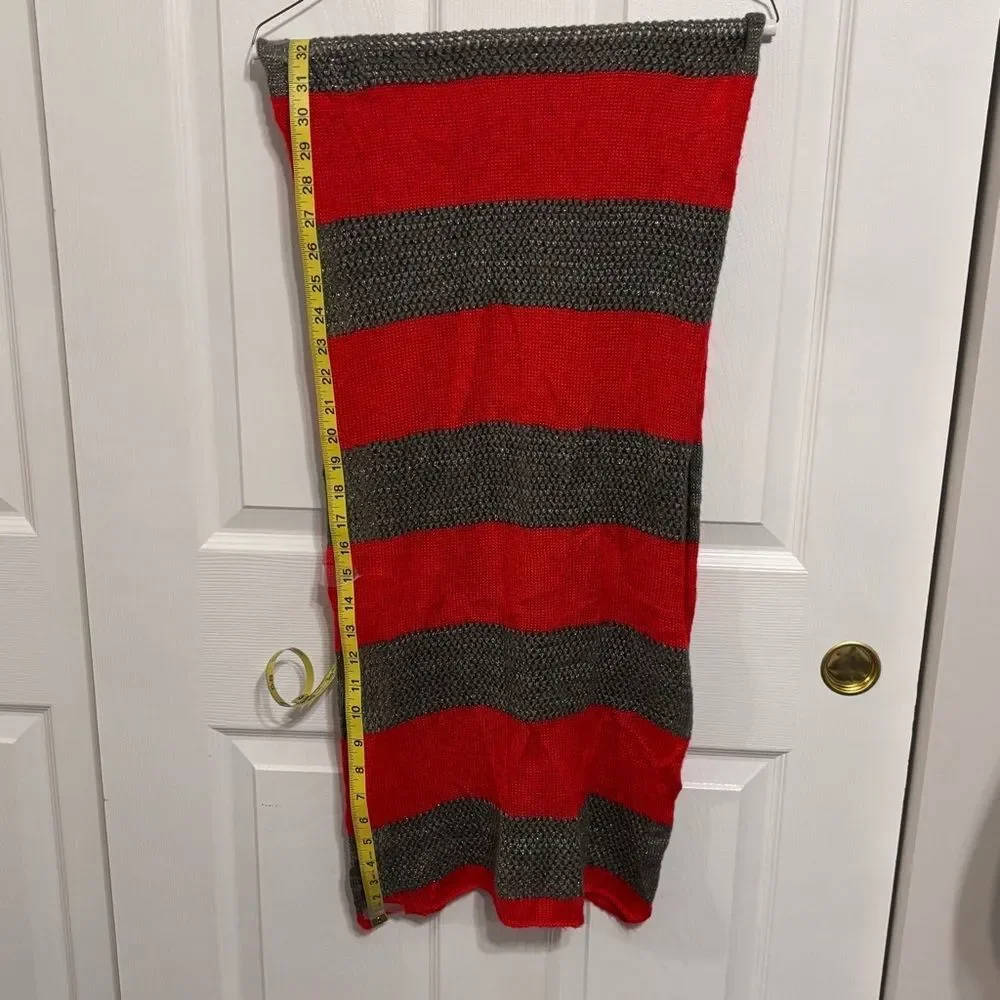 J. Jill Women's Red Gray Silver Sparkles Wide Striped Knit Head Neck Scarf Grey